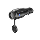 A black Zeiss thermal monocular scope with its front lens cap removed and hanging down, shown against a plain white background.