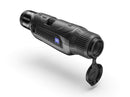 A black Zeiss monocular telescope with its cap removed and hanging below, shown on a clean white background with a soft shadow.